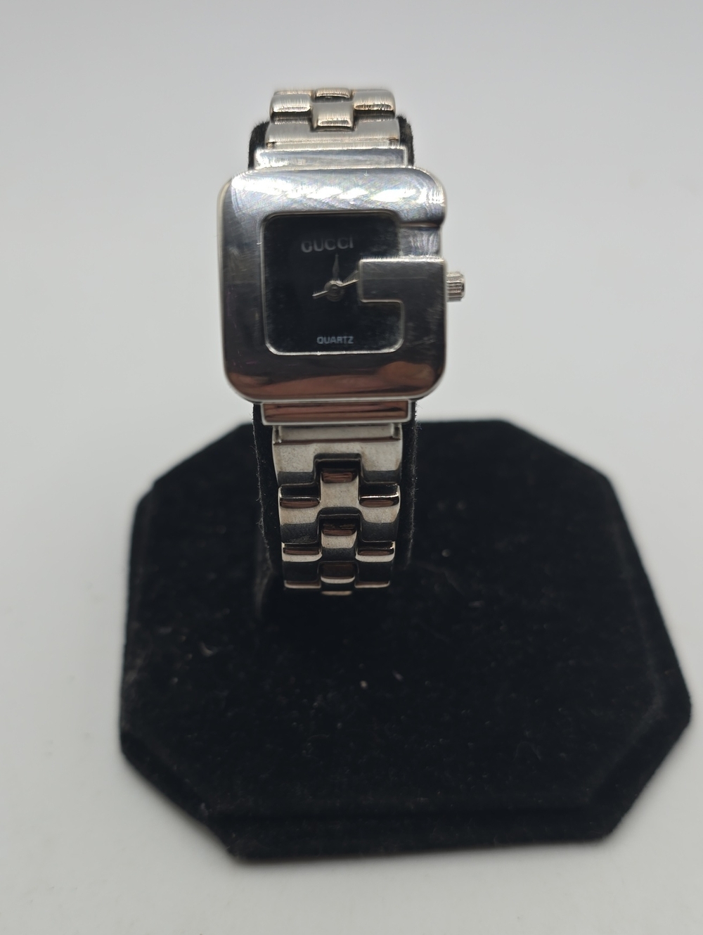 Gucci Silver Stainless Steel Square 'G' Bracelet Watch with Black Dial